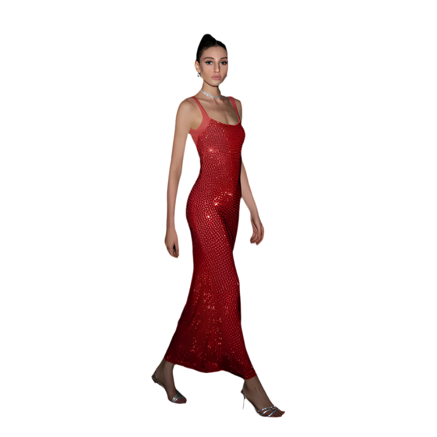 Woman wearing a red sequin dress on a white background