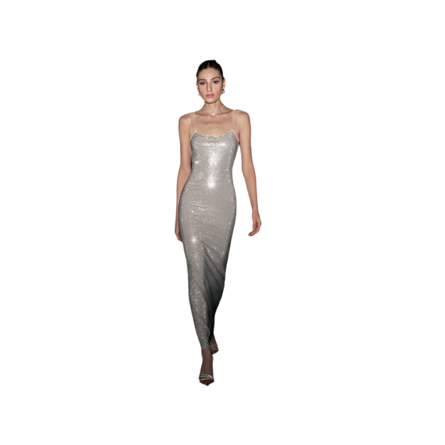 Woman wearing a silver sequin dress on a white background