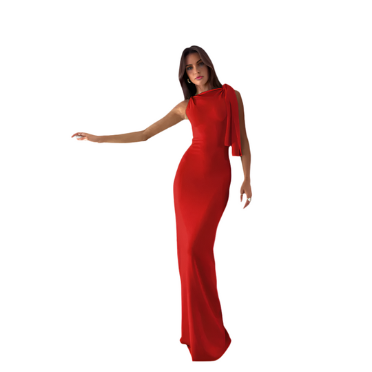 Woman wearing a red evening gown on a white background