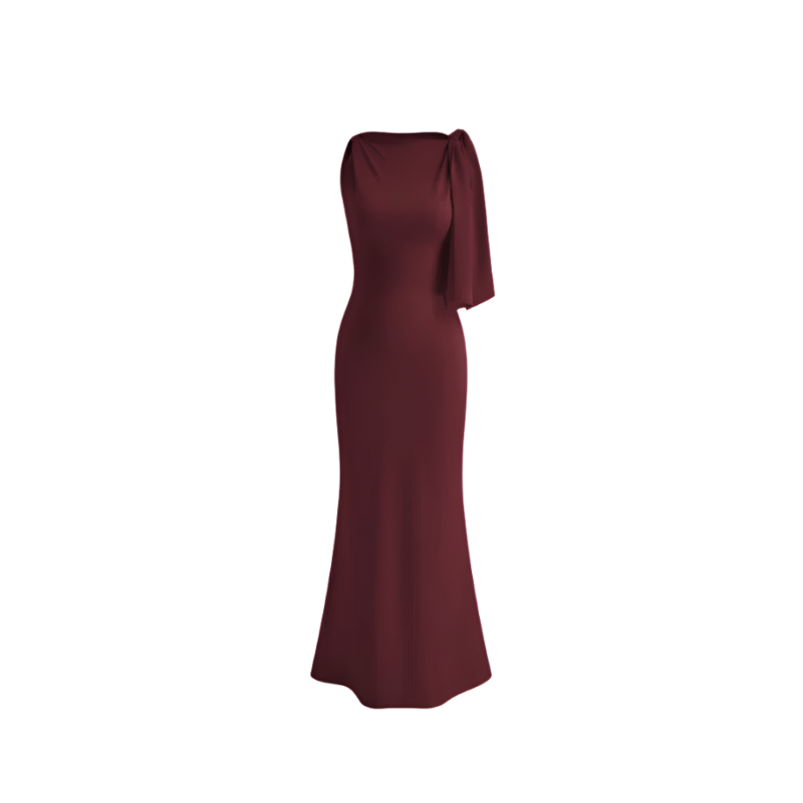 Maroon one-shoulder dress on a white background