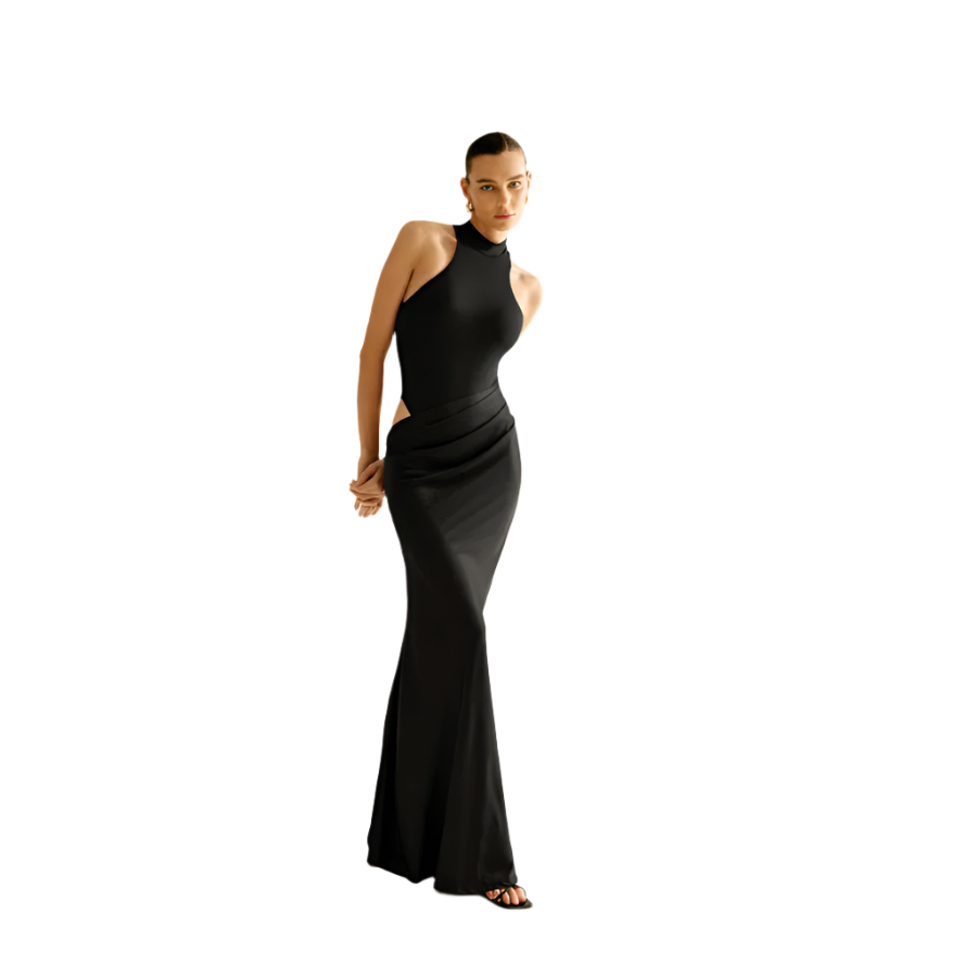 Woman wearing a black evening gown on a white background