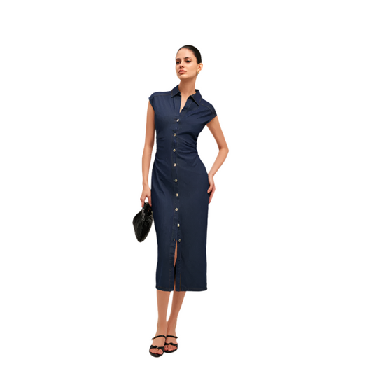Woman wearing a navy dress with a white background