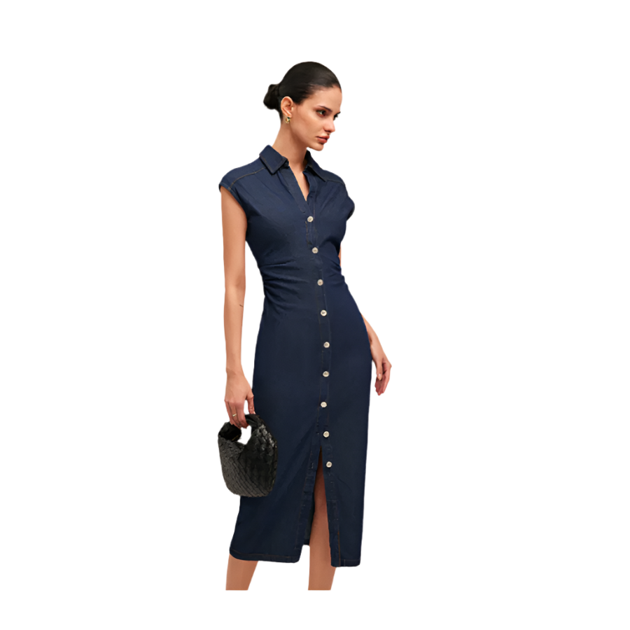 Woman wearing a navy blue dress with buttons on a white background