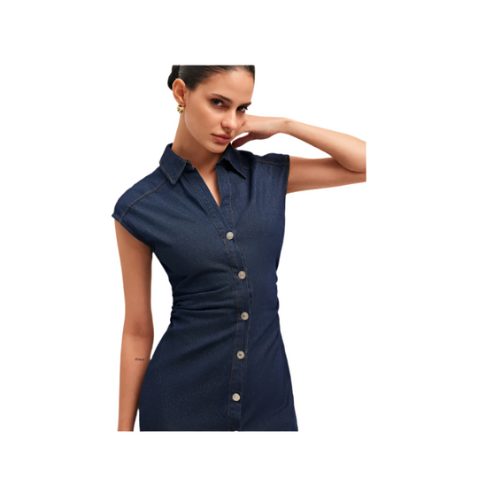 Woman wearing a sleeveless denim shirt on a white background