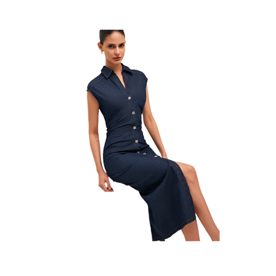 Woman wearing a navy blue dress with buttons on a white background