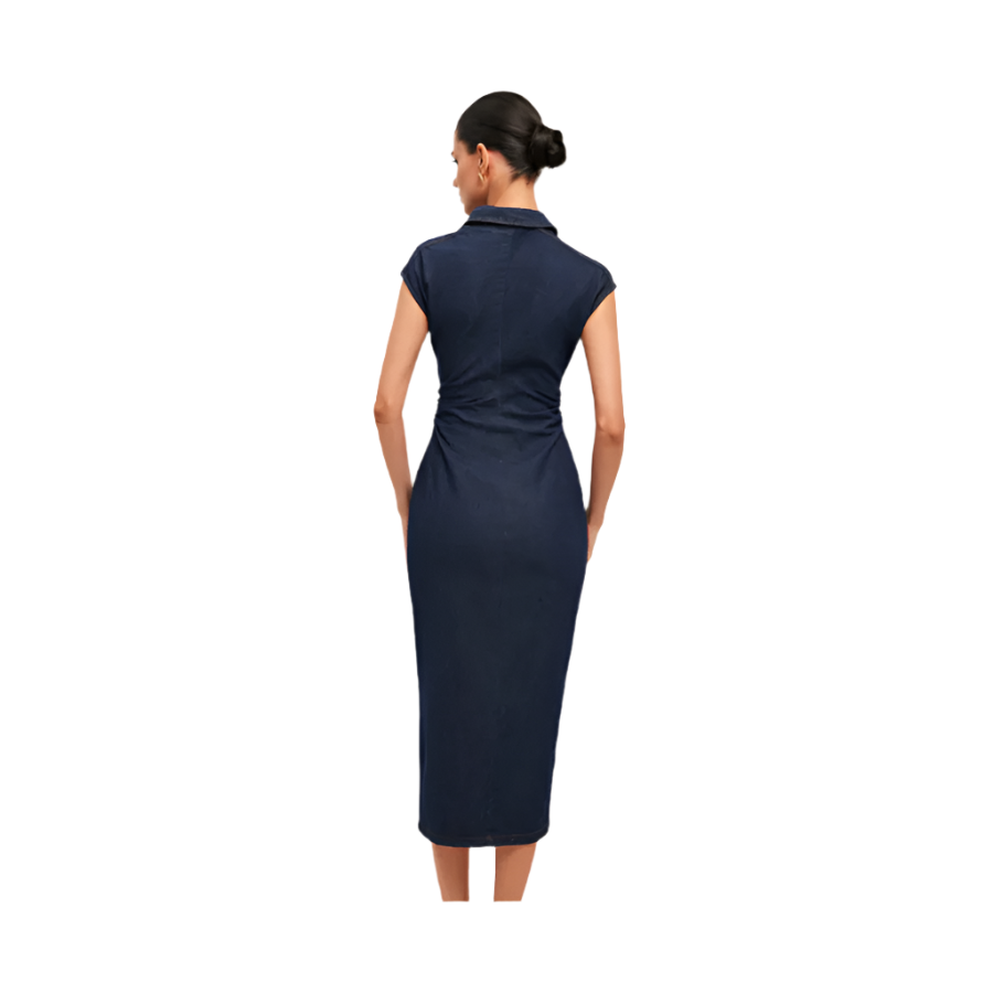 Woman wearing a navy blue dress on a white background