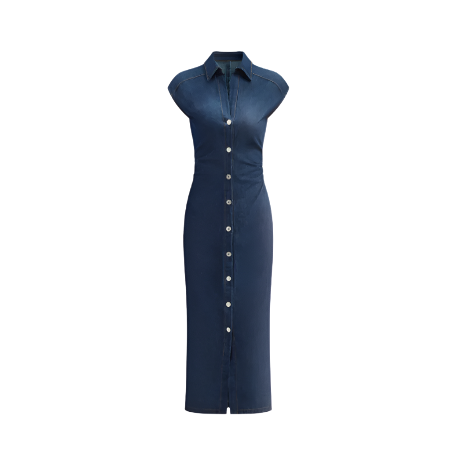 Navy blue dress with buttons on a white background