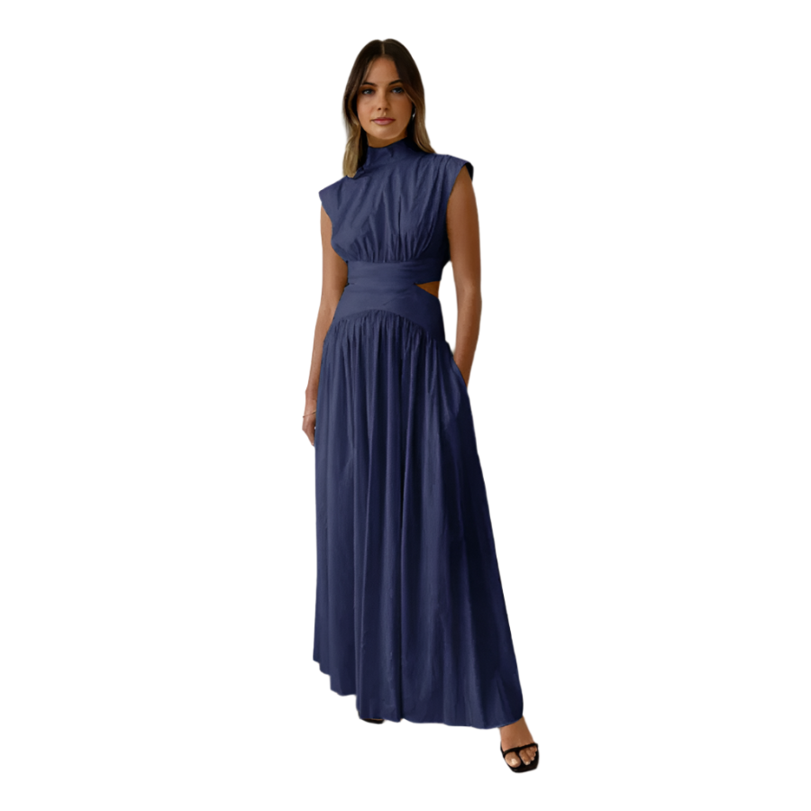 Woman wearing a sleeveless navy blue dress with cut-out design on a white background