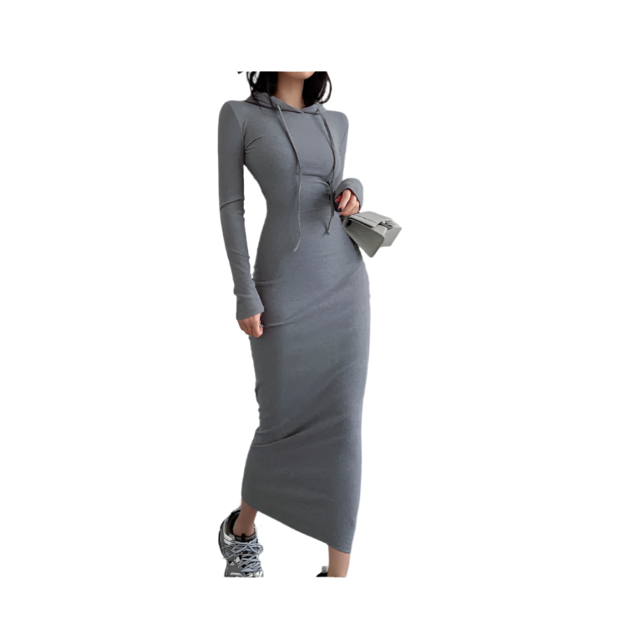 Gray long-sleeve dress worn by a person on a white background