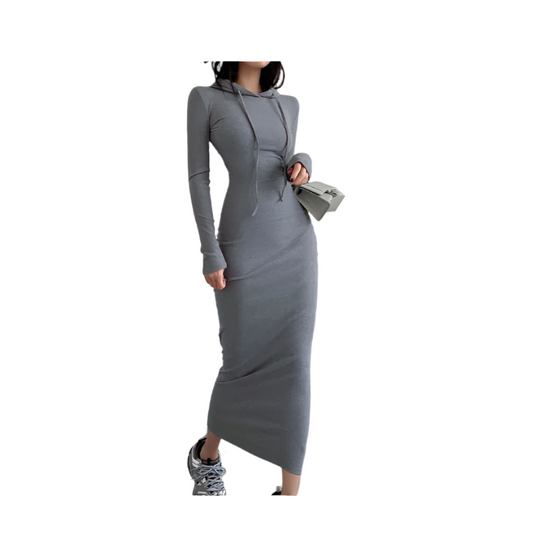Gray long-sleeve dress worn by a person on a white background