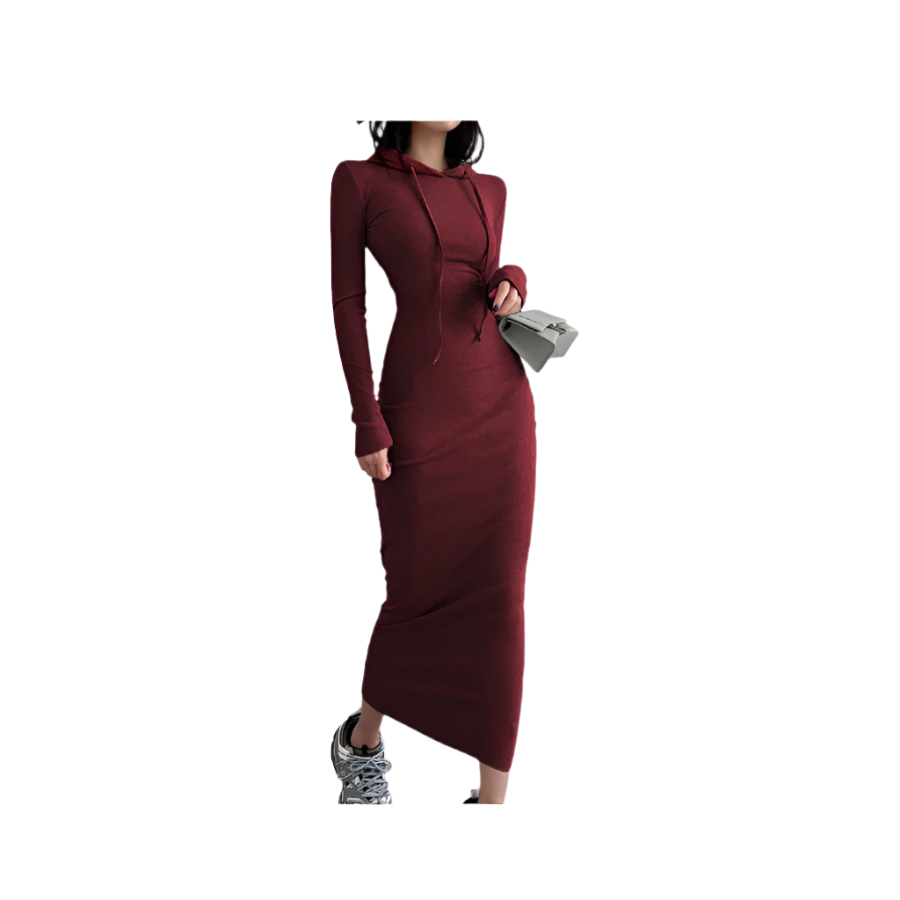 Maroon dress worn by a person on a white background