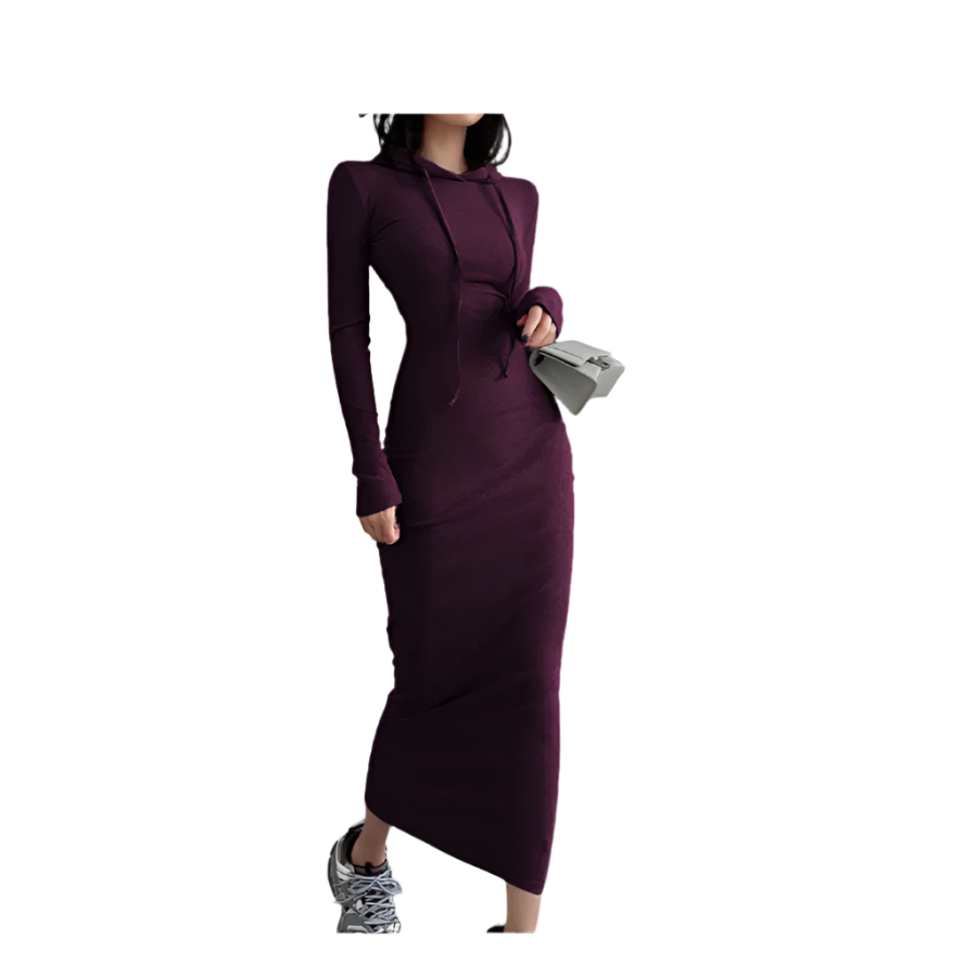 Purple long-sleeve dress worn by a person on a white background