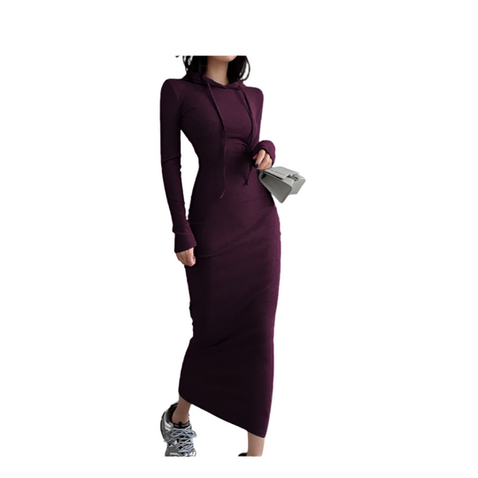 Purple long-sleeve dress worn by a person on a white background
