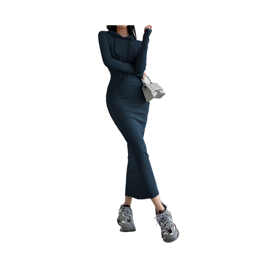 Person wearing a dark blue outfit with high-top sneakers and a handbag on a white background