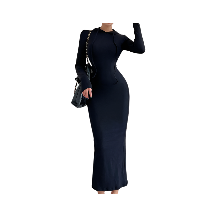 Person wearing a black dress holding a handbag on a plain background