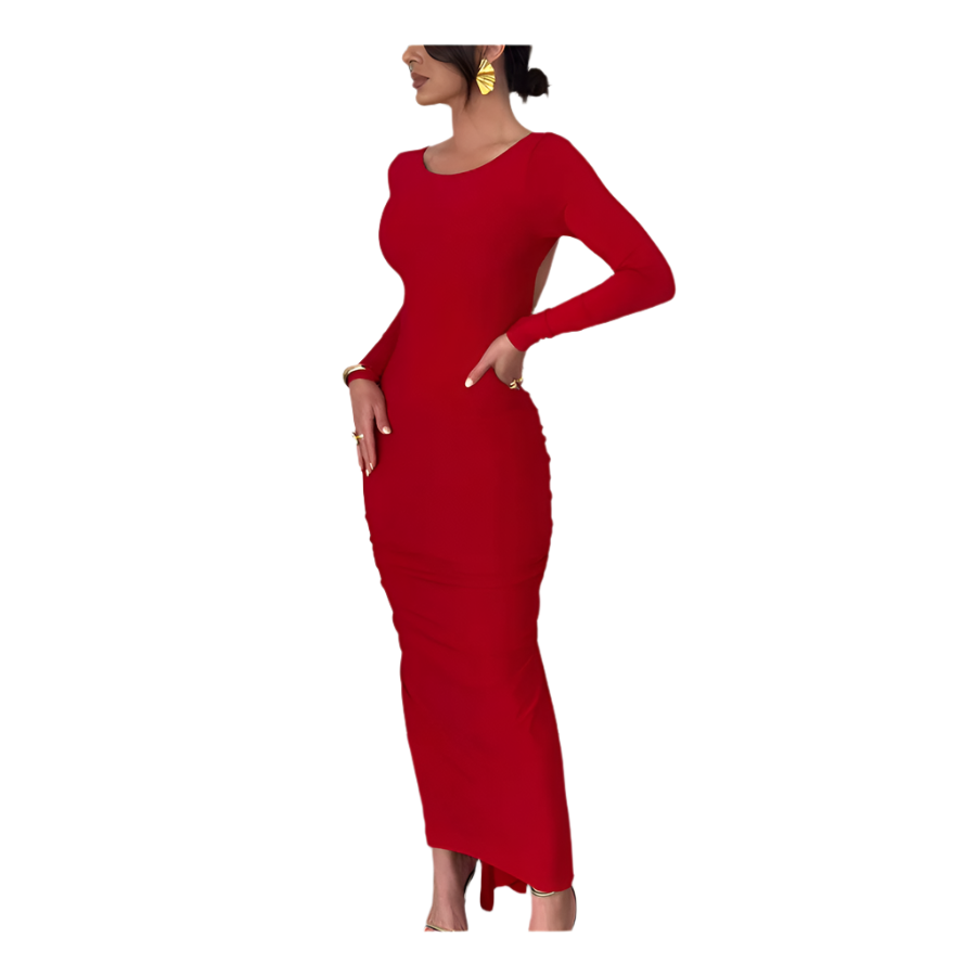 Red dress worn by a model against a plain background