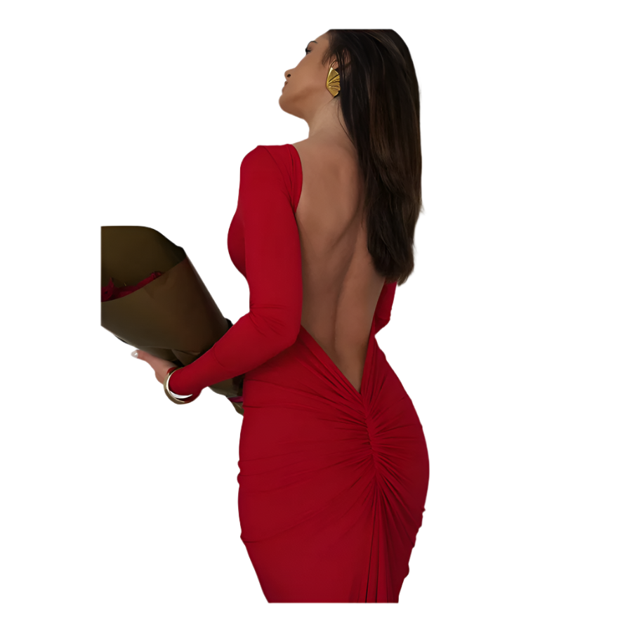 Woman in a red dress holding a brown bag on a white background
