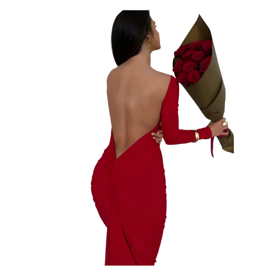 Woman in a red dress holding a bouquet of roses on a white background
