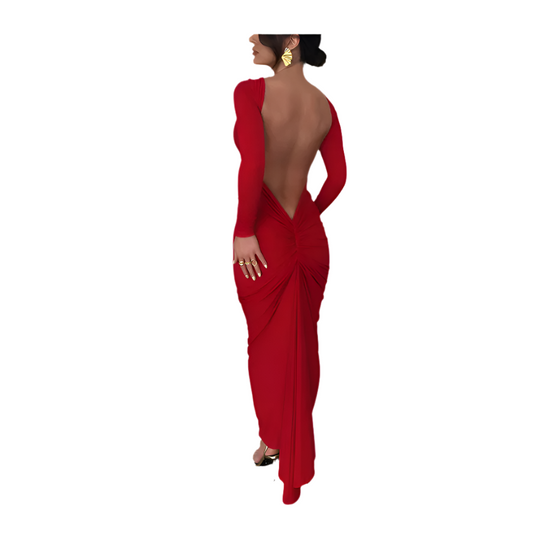 Red evening gown with open back on a white background