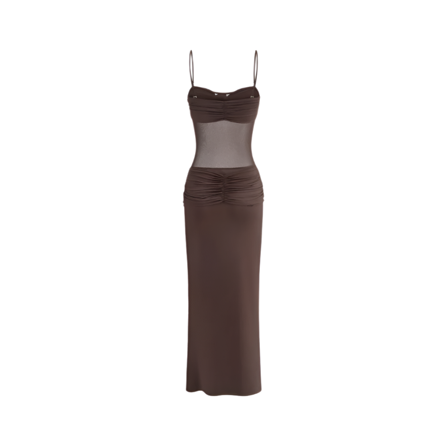 Brown evening gown with sheer mesh overlay on a white background